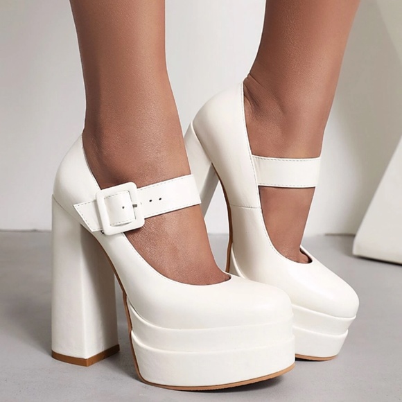 Shoes - New White Double Platform Mary Jane Platform Chunky Heel Pumps